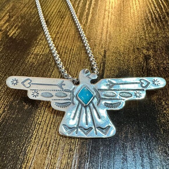 Native American Handcrafted Thunderbird Turquoise and Silver Pendant Necklace, - Picture 5 of 11